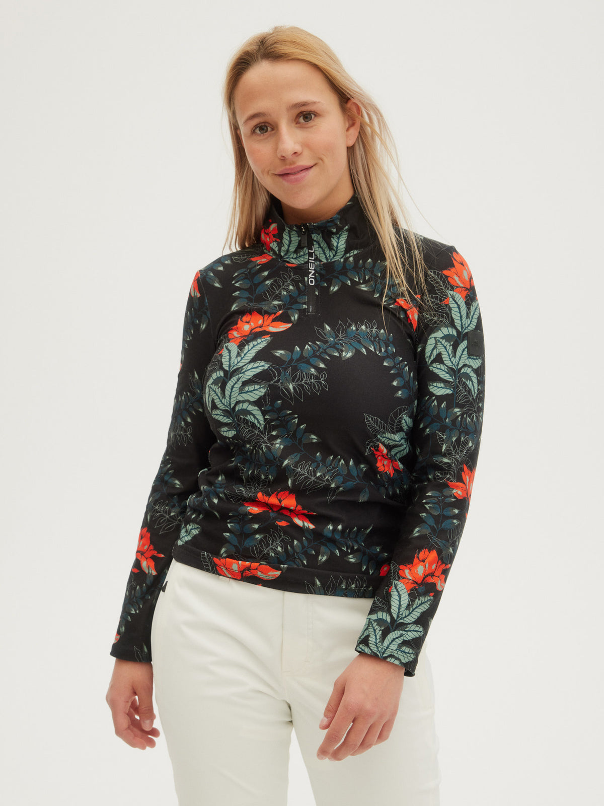 O'Neill Ladies Clime Printed Fleece Half Zip in Black Aop W/ Green