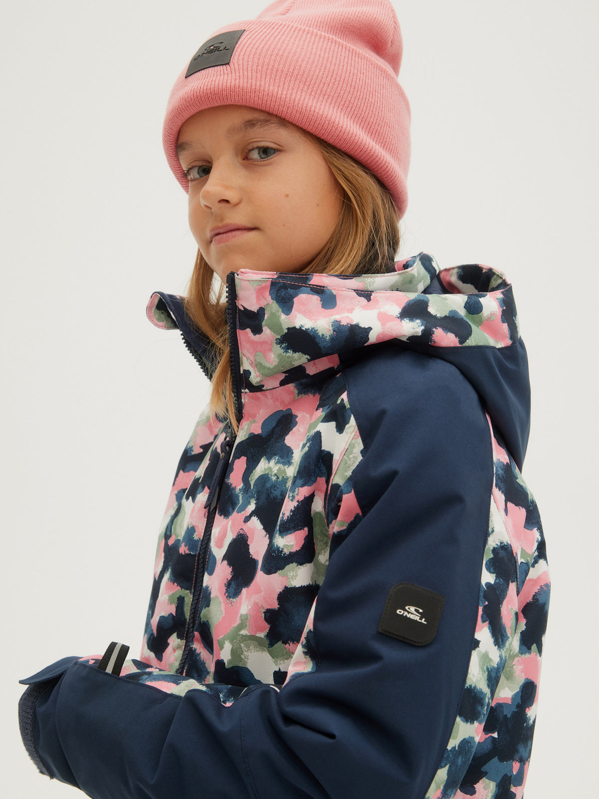O'Neill Girls Adelite Printed Jacket in Blue Aop W/ Pink