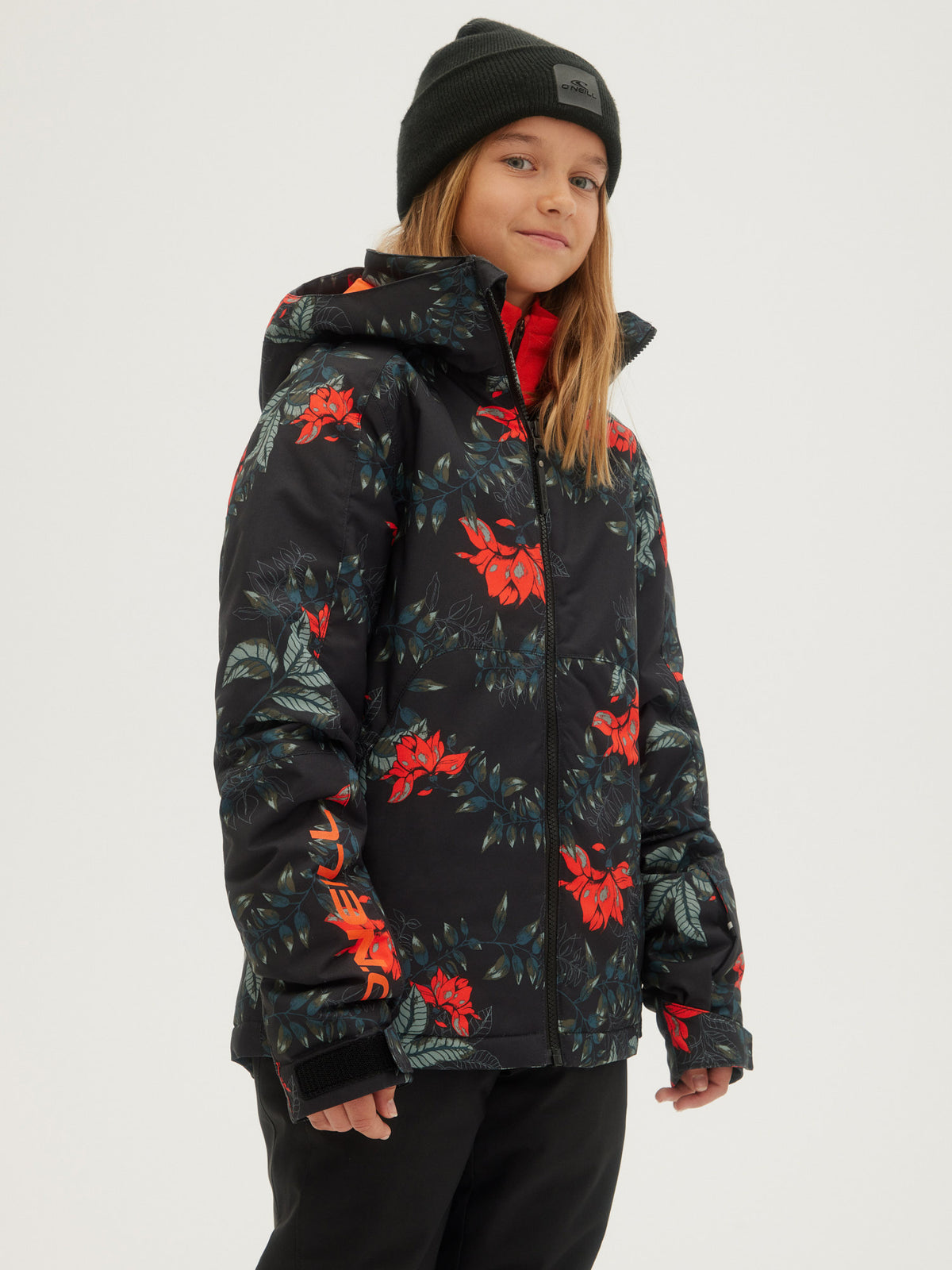 O'Neill Girls Adelite Printed Jacket in Black Aop W/ Green
