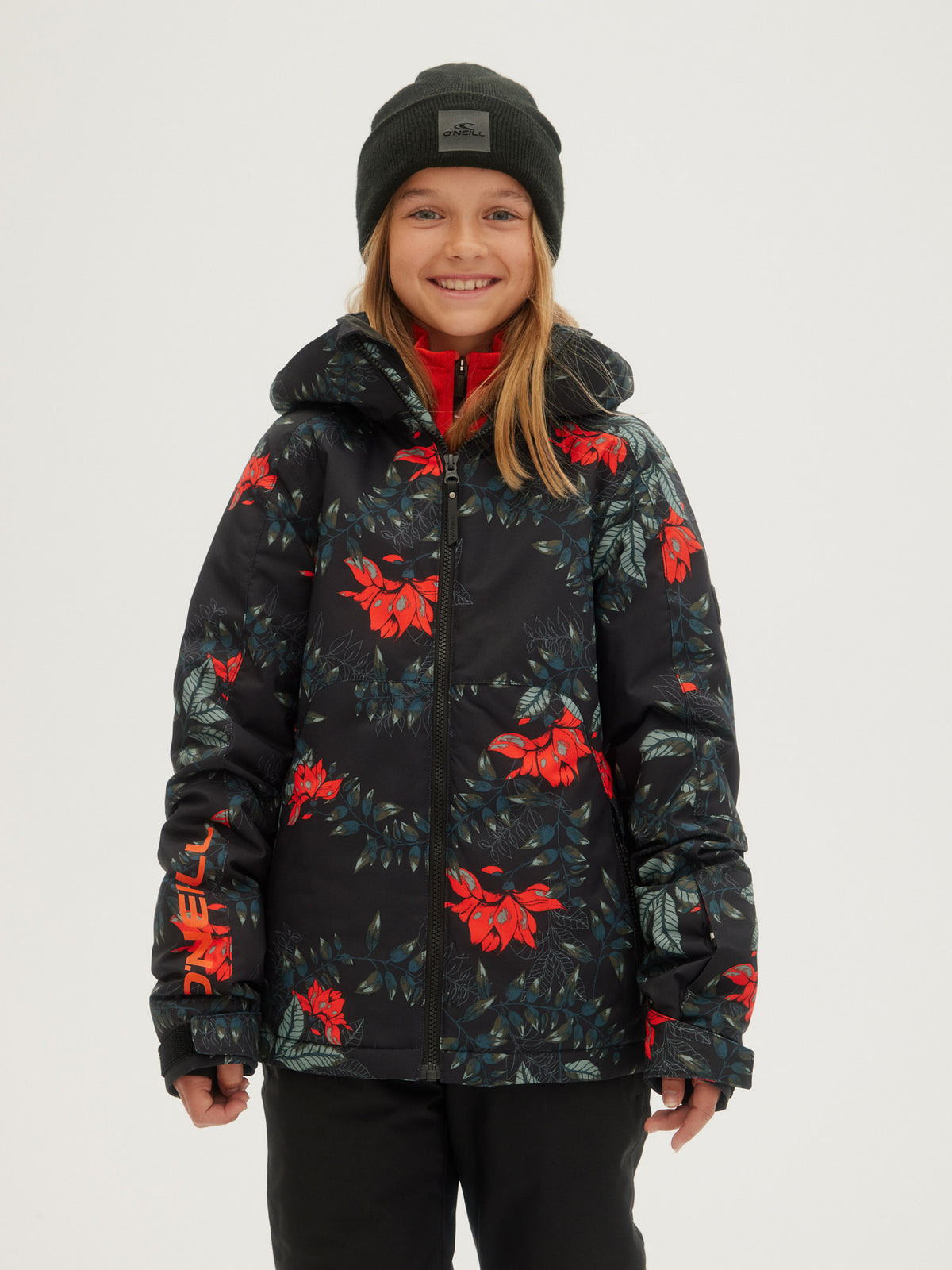 O'Neill Girls Adelite Printed Jacket in Black Aop W/ Green