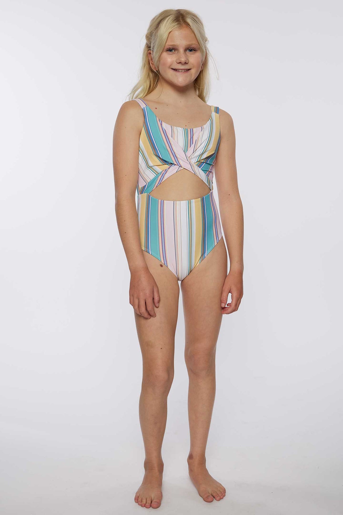 GIRL'S BAJA STRIPE TWIST FRONT ONE PIECE