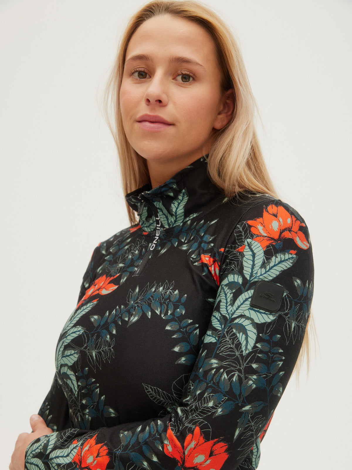 O'Neill Ladies Clime Printed Fleece Half Zip in Black Aop W/ Green