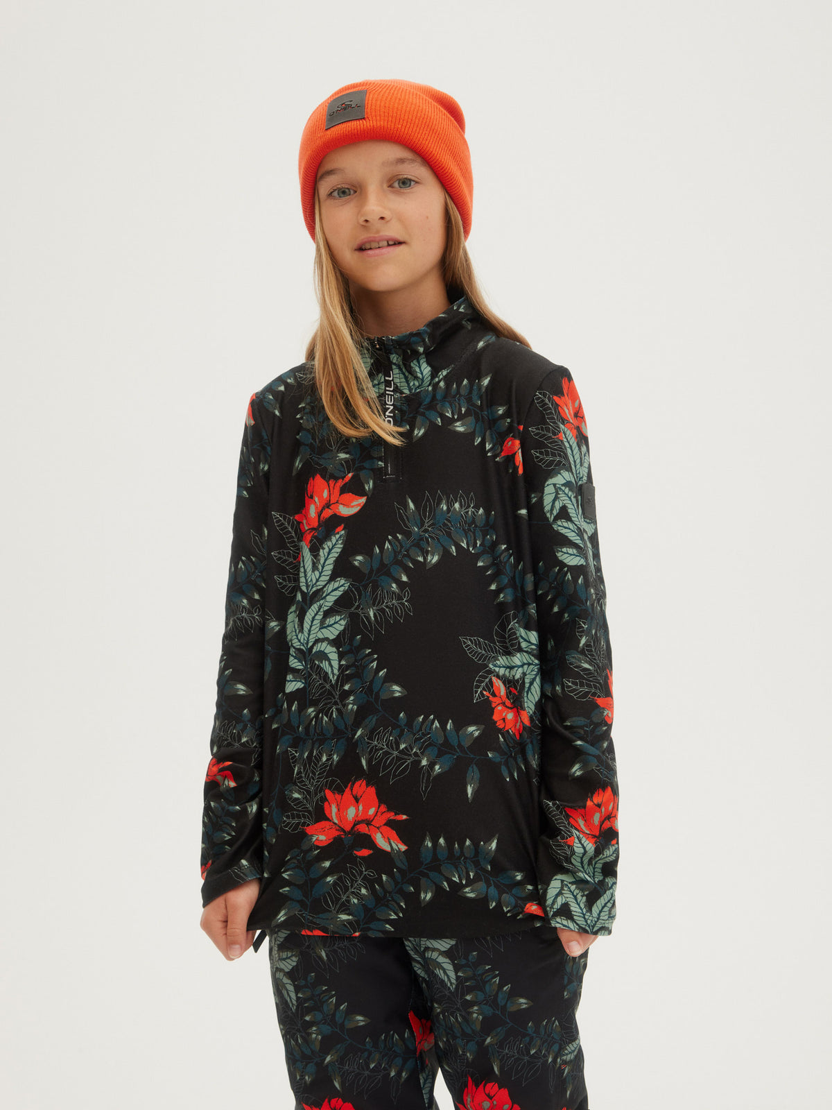 O'Neill Girls Printed Fleece Half Zip in Black Aop W/ Green
