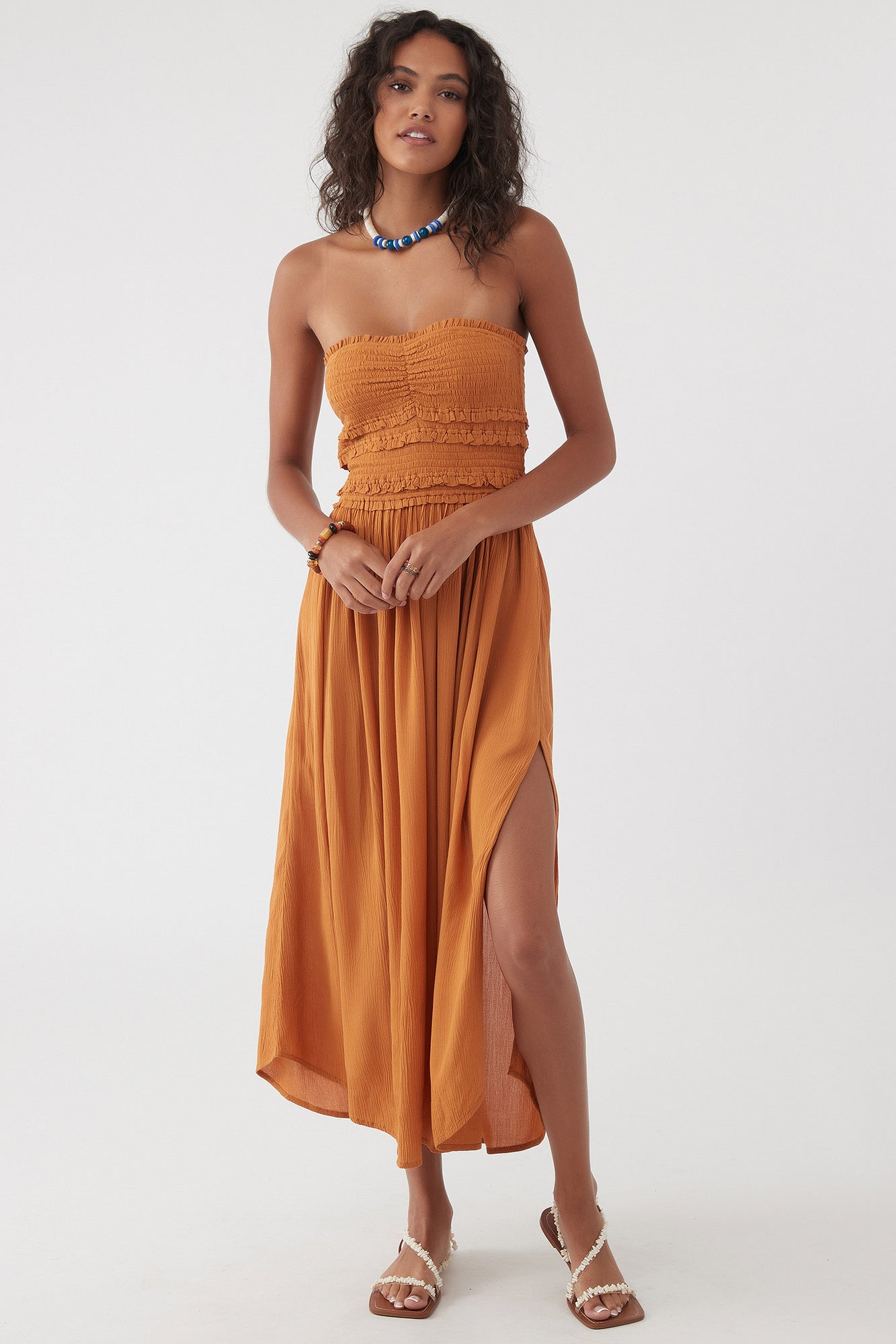 devyn midi dress O'NEILL Devyn Smocked Strapless Midi Dress - PINK
