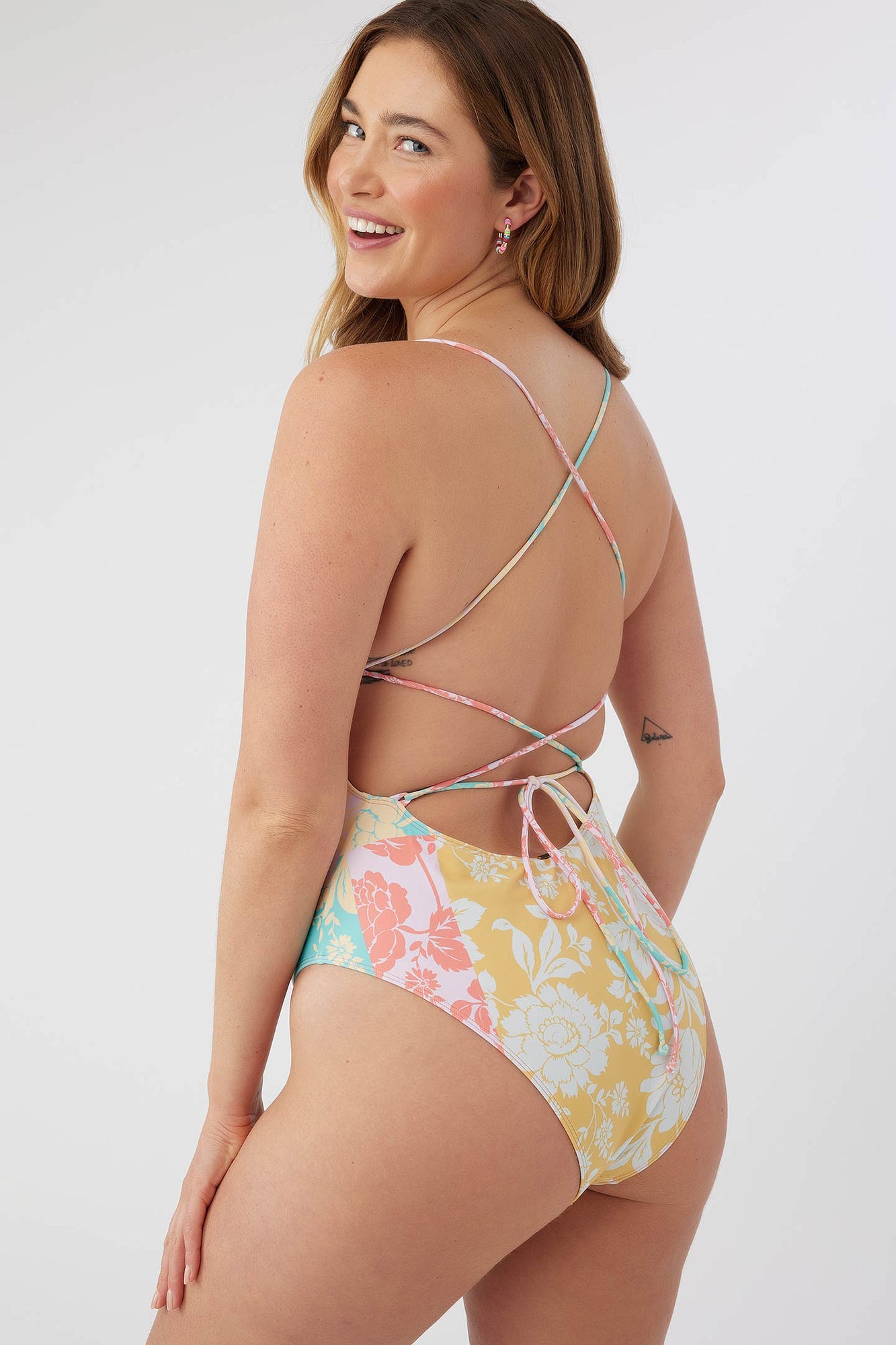 $130 O'Neill Women Brown Floral Stretch One-Piece Cheeky Keyhole